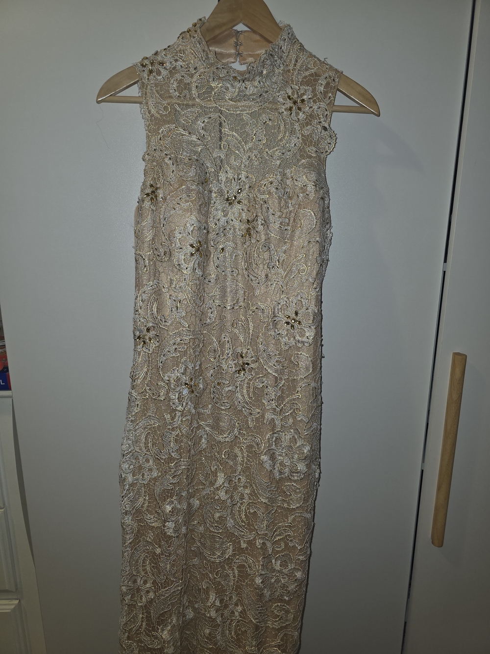 Terani Couture Embroidered High-Neck Maxi Dress in Champagne.  New Never Worn.
